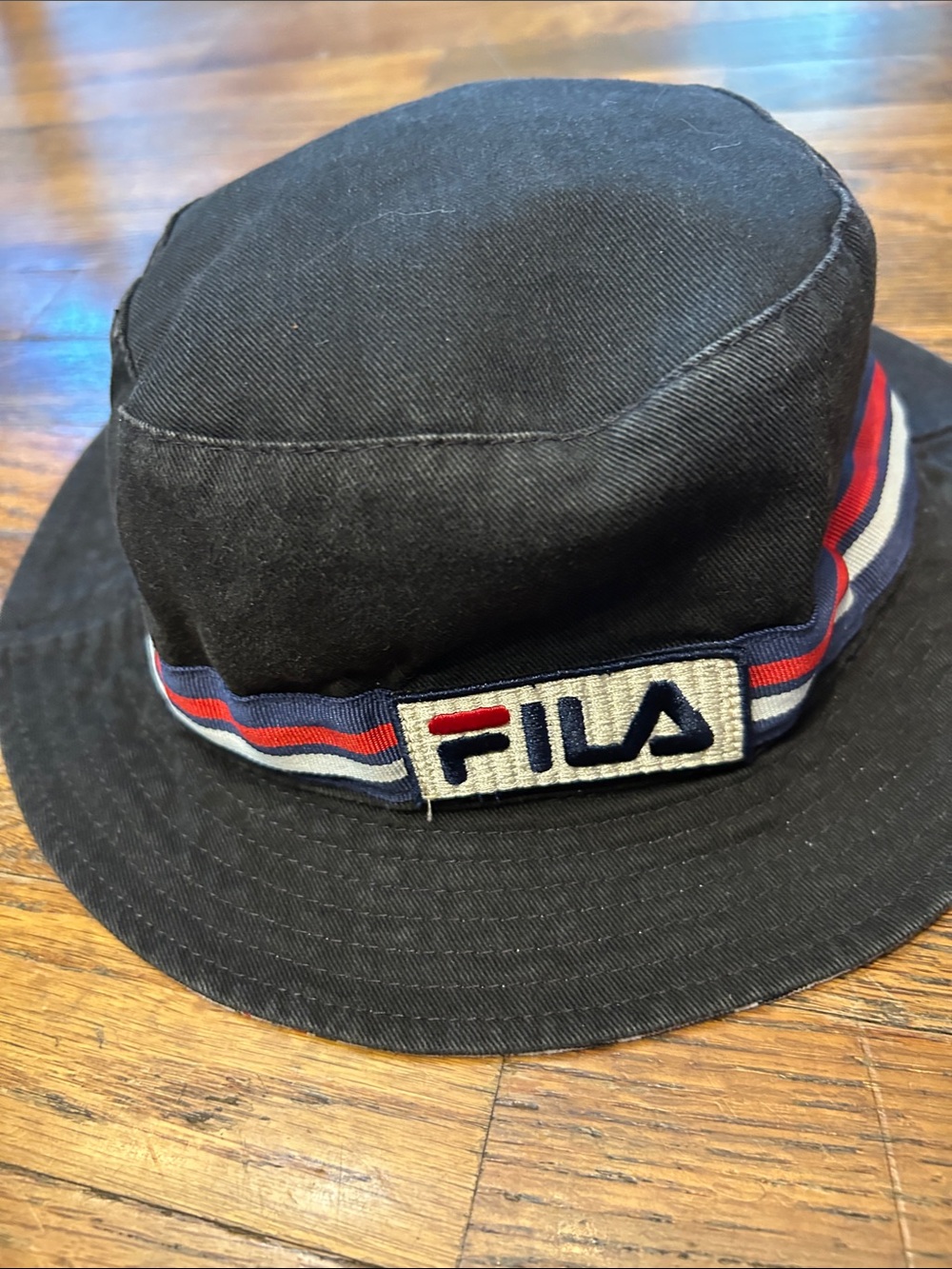 Fila Vintage Black Bucket Hat with Red & Blue Stripe Trim